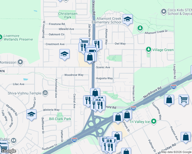 map of restaurants, bars, coffee shops, grocery stores, and more near 1123 Baltusrol Court in Livermore