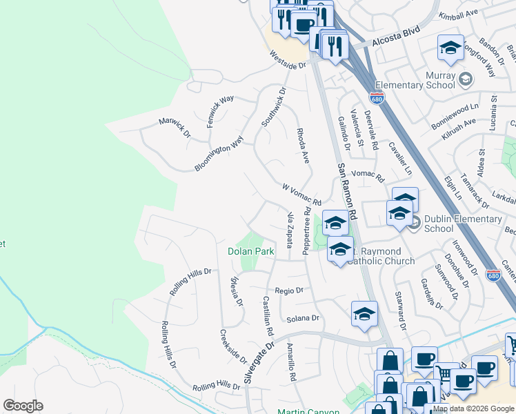 map of restaurants, bars, coffee shops, grocery stores, and more near 8122 Vía Zapata in Dublin