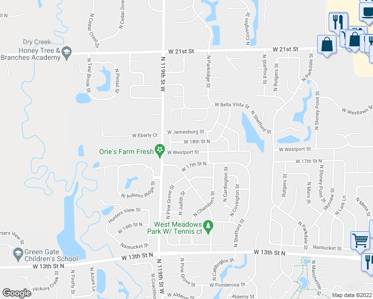 map of restaurants, bars, coffee shops, grocery stores, and more near 11802 West Westport Street in Wichita