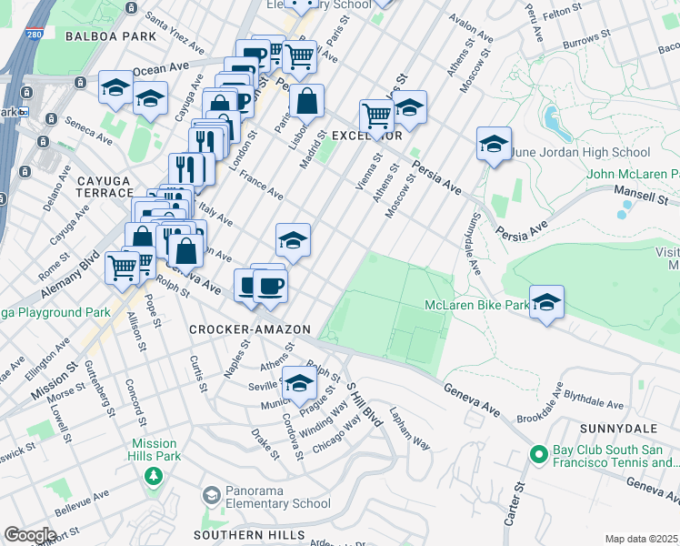 map of restaurants, bars, coffee shops, grocery stores, and more near 769 Athens Street in San Francisco