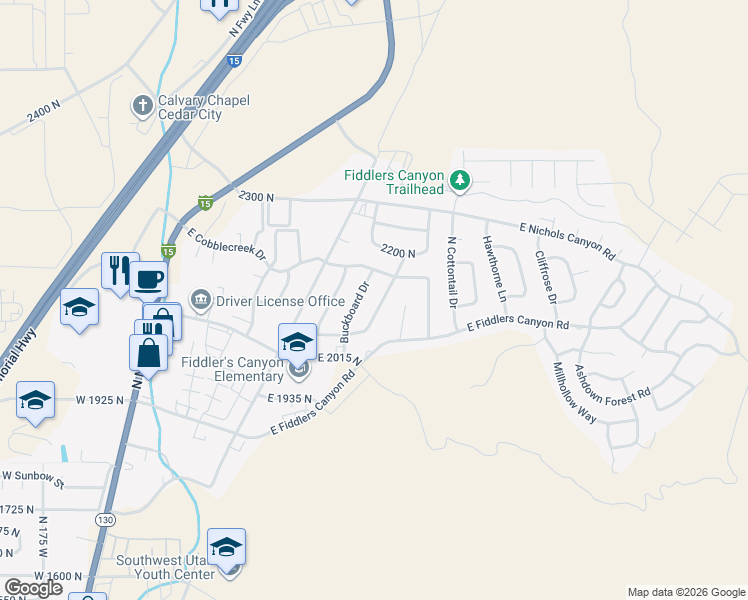map of restaurants, bars, coffee shops, grocery stores, and more near 2129 North Wagon Trail Drive in Cedar City
