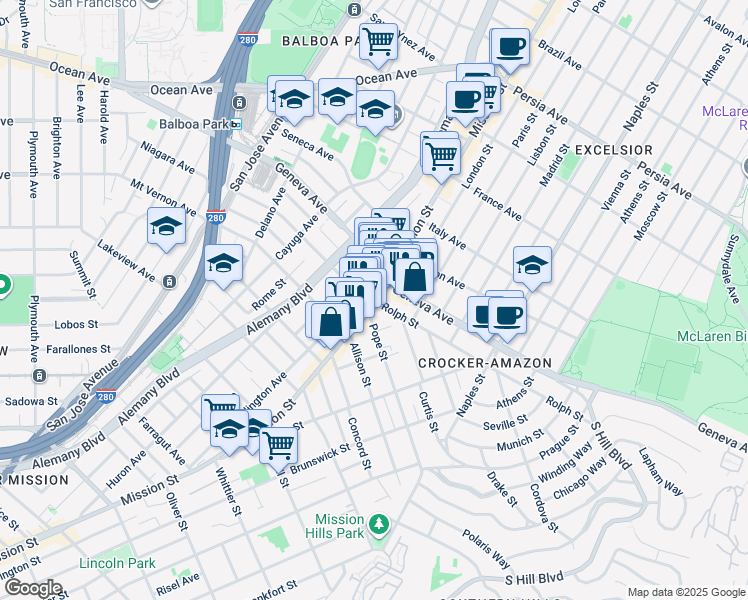 map of restaurants, bars, coffee shops, grocery stores, and more near 2 Rolph Street in San Francisco