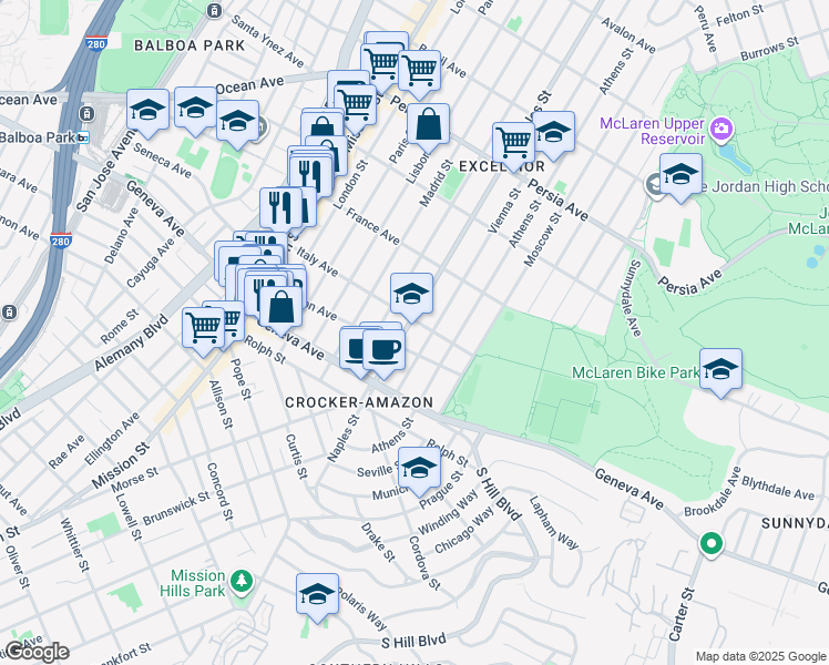 map of restaurants, bars, coffee shops, grocery stores, and more near 600 Italy Avenue in San Francisco