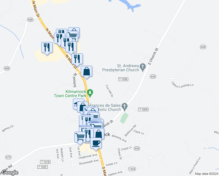 map of restaurants, bars, coffee shops, grocery stores, and more near 39 Fox Hill Drive in Kilmarnock