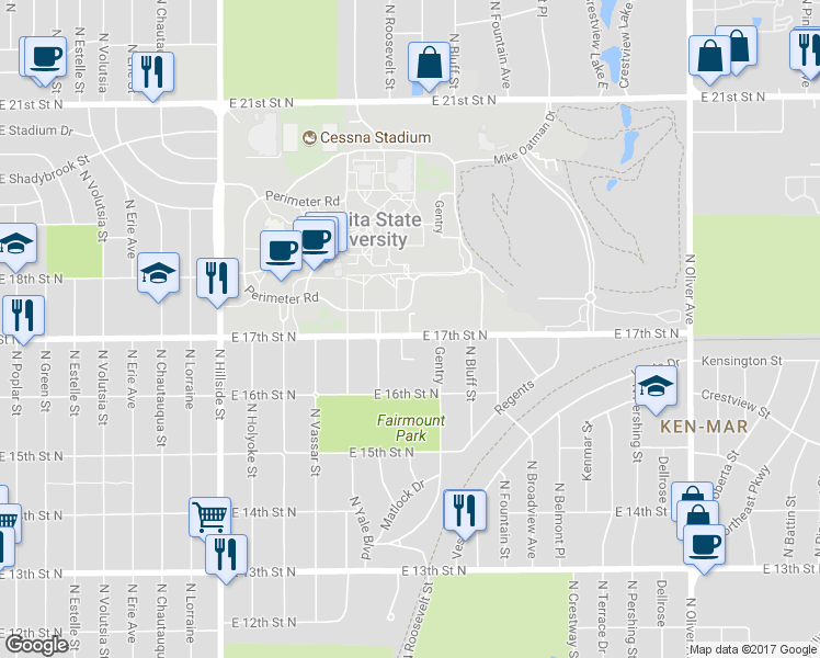 map of restaurants, bars, coffee shops, grocery stores, and more near 1746 North Roosevelt Street in Wichita