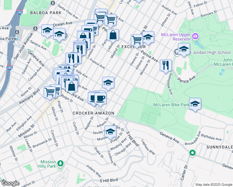 map of restaurants, bars, coffee shops, grocery stores, and more near 795 Vienna Street in San Francisco