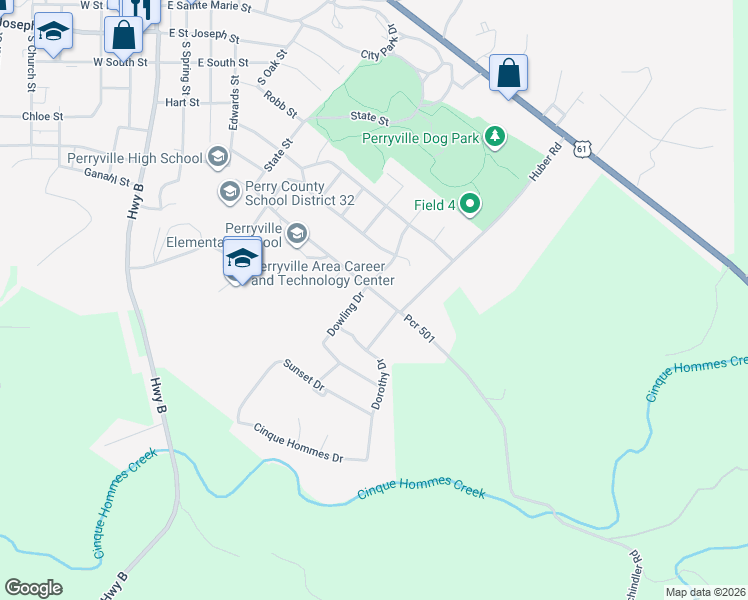 map of restaurants, bars, coffee shops, grocery stores, and more near 905 Schindler Road in Perryville
