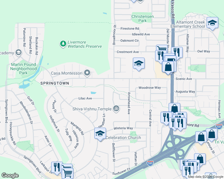map of restaurants, bars, coffee shops, grocery stores, and more near 5402 Arrowhead Court in Livermore