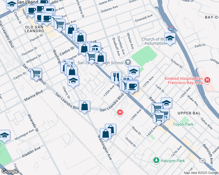 map of restaurants, bars, coffee shops, grocery stores, and more near 1335 135th Avenue in San Leandro