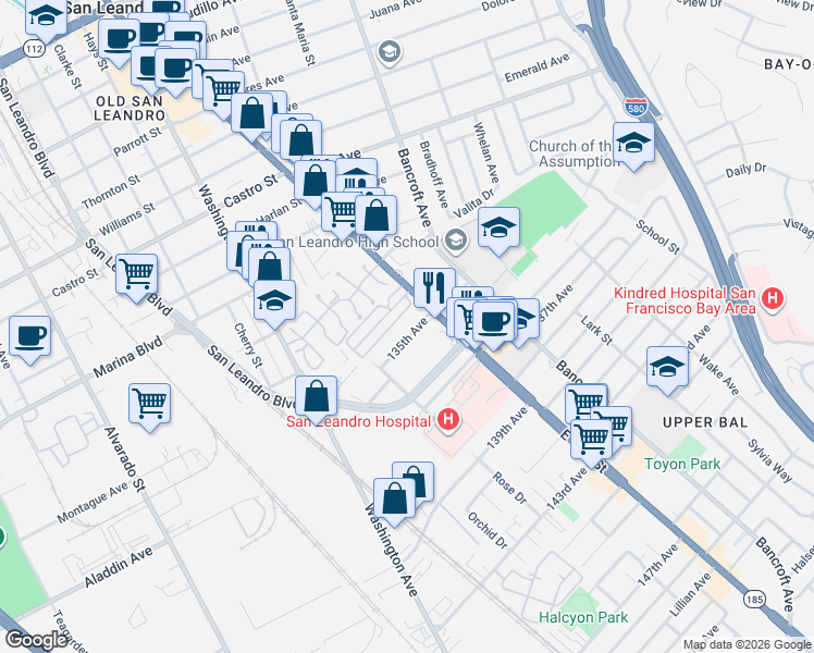 map of restaurants, bars, coffee shops, grocery stores, and more near 1335 135th Avenue in San Leandro