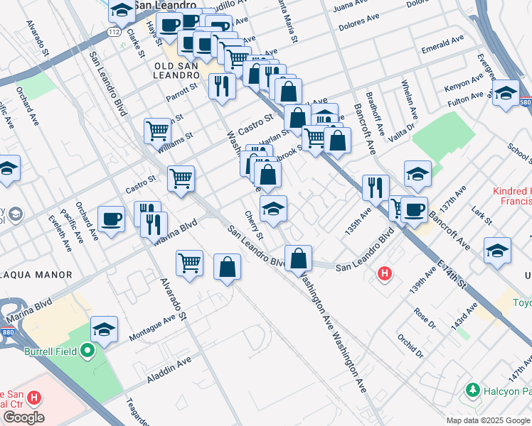 map of restaurants, bars, coffee shops, grocery stores, and more near 2271 Washington Avenue in San Leandro