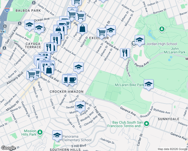 map of restaurants, bars, coffee shops, grocery stores, and more near 730 Moscow Street in San Francisco