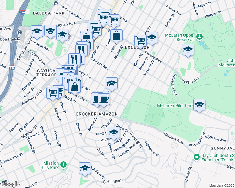 map of restaurants, bars, coffee shops, grocery stores, and more near Vienna Street & Italy Avenue in San Francisco