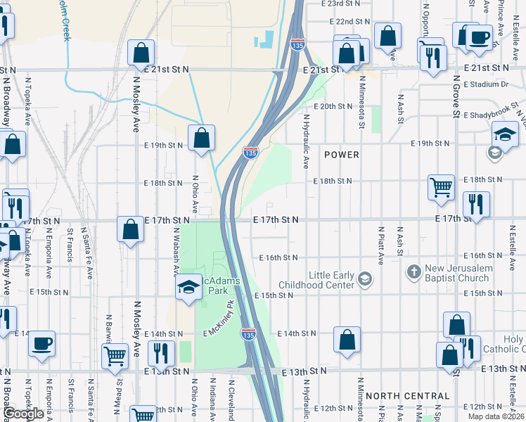 map of restaurants, bars, coffee shops, grocery stores, and more near 1524 East 17th Street North in Wichita