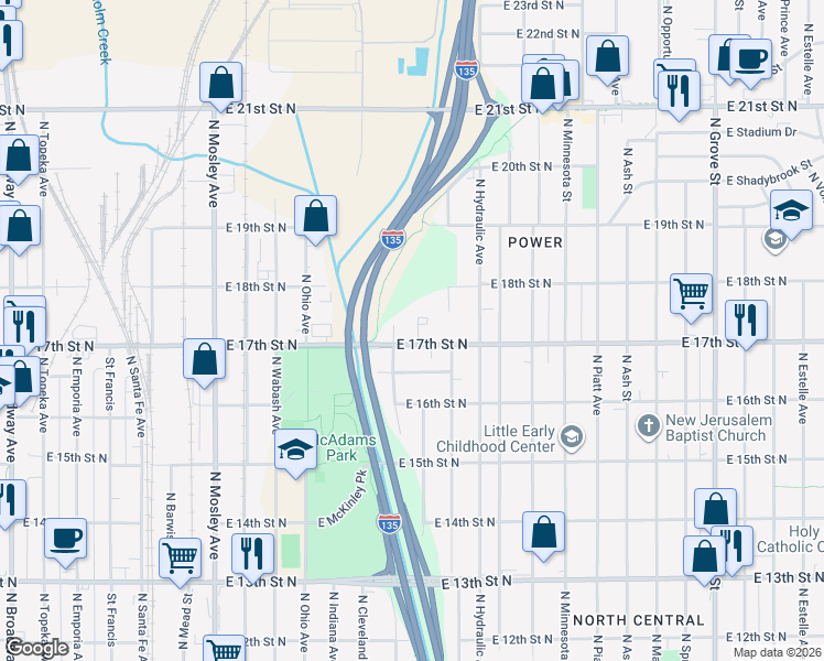 map of restaurants, bars, coffee shops, grocery stores, and more near 1524 East 17th Street North in Wichita