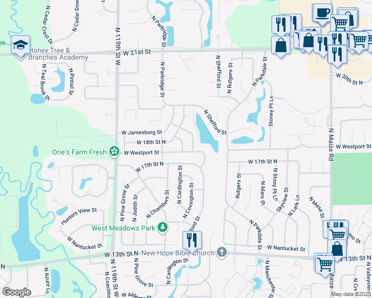 map of restaurants, bars, coffee shops, grocery stores, and more near 11320 West Westport Street in Wichita