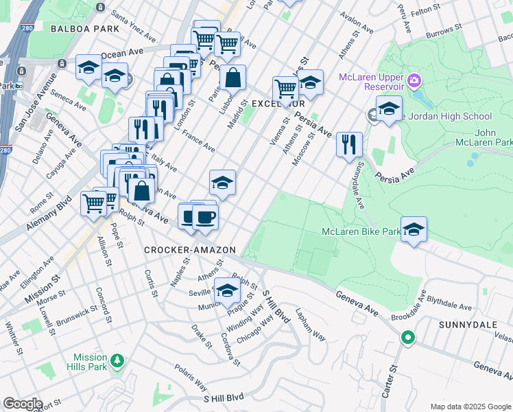 map of restaurants, bars, coffee shops, grocery stores, and more near 769 Athens Street in San Francisco
