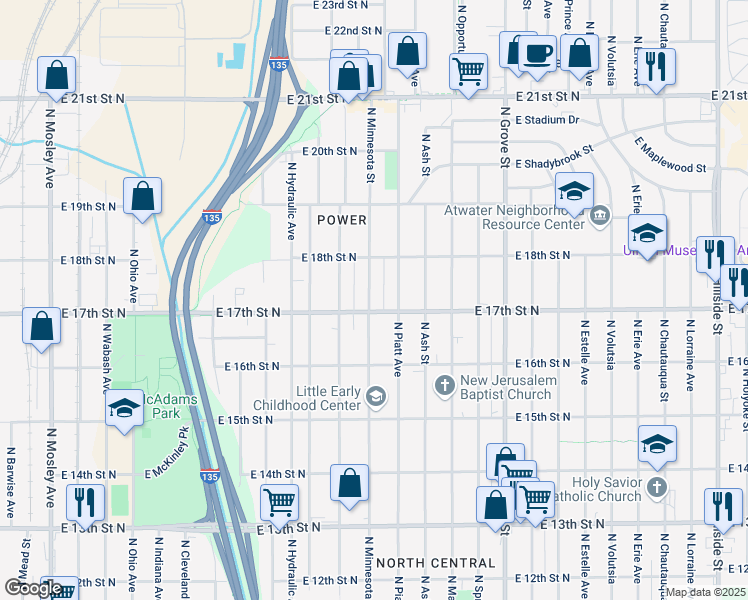 map of restaurants, bars, coffee shops, grocery stores, and more near 1801-1899 North Minnesota Street in Wichita