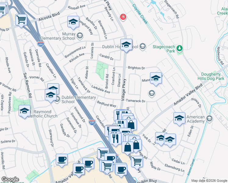 map of restaurants, bars, coffee shops, grocery stores, and more near 7813 Cranford Lane in Dublin