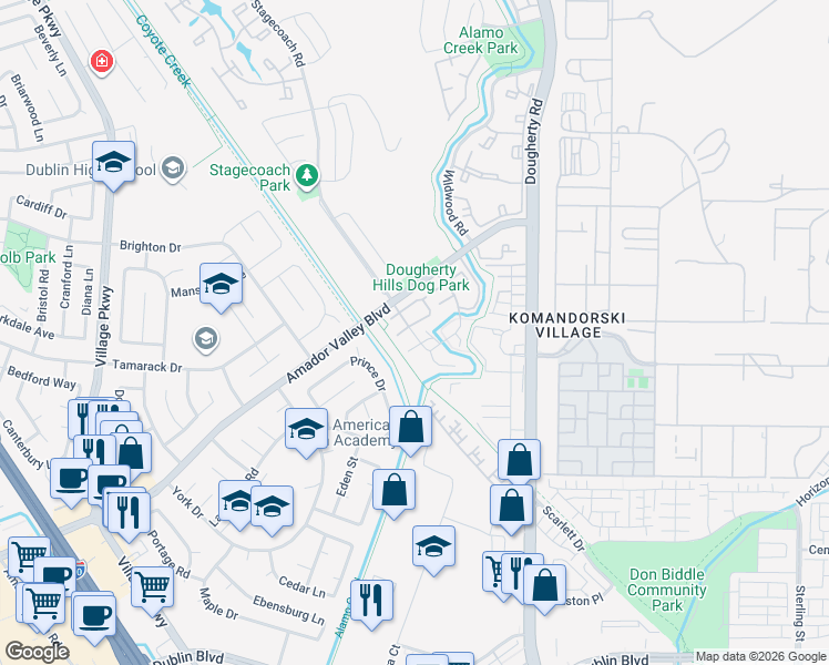 map of restaurants, bars, coffee shops, grocery stores, and more near 6967 Stagecoach Drive in Dublin