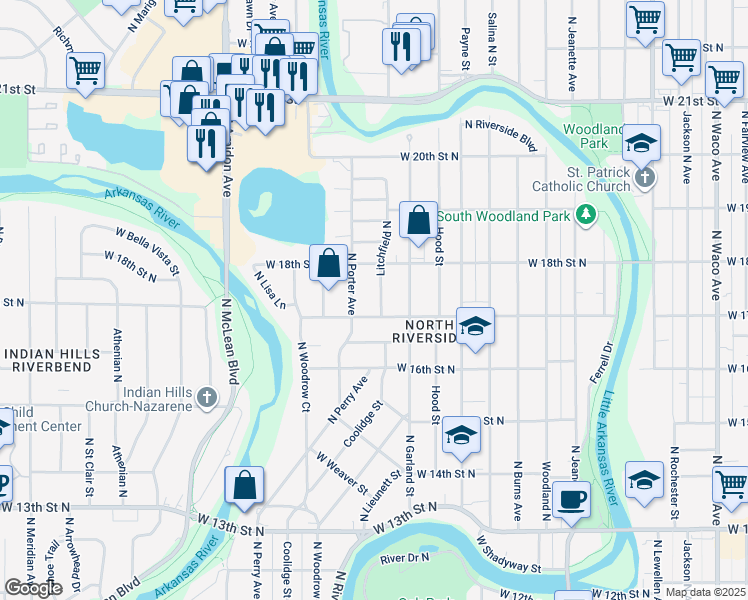 map of restaurants, bars, coffee shops, grocery stores, and more near 1819 Litchfield North in Wichita