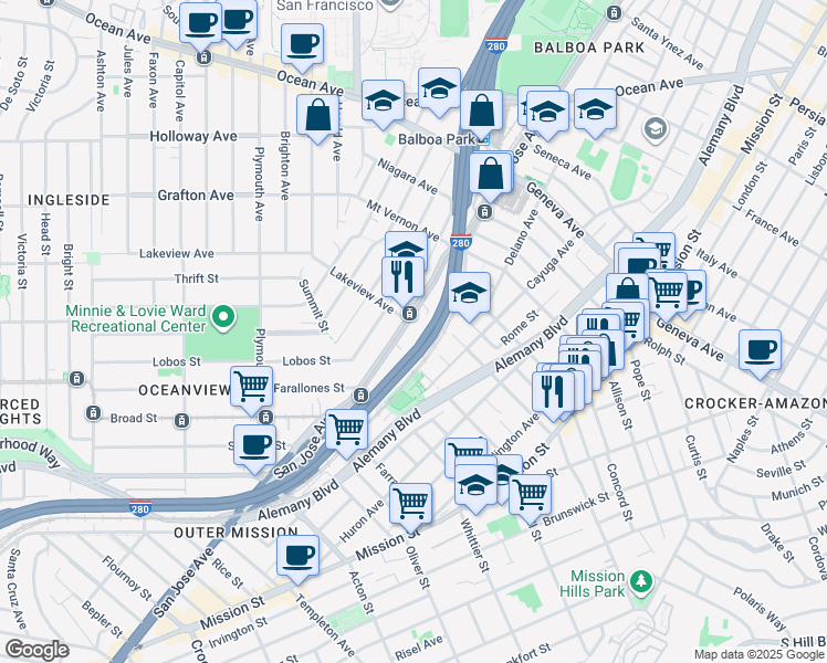 map of restaurants, bars, coffee shops, grocery stores, and more near 2629 San Jose Avenue in San Francisco