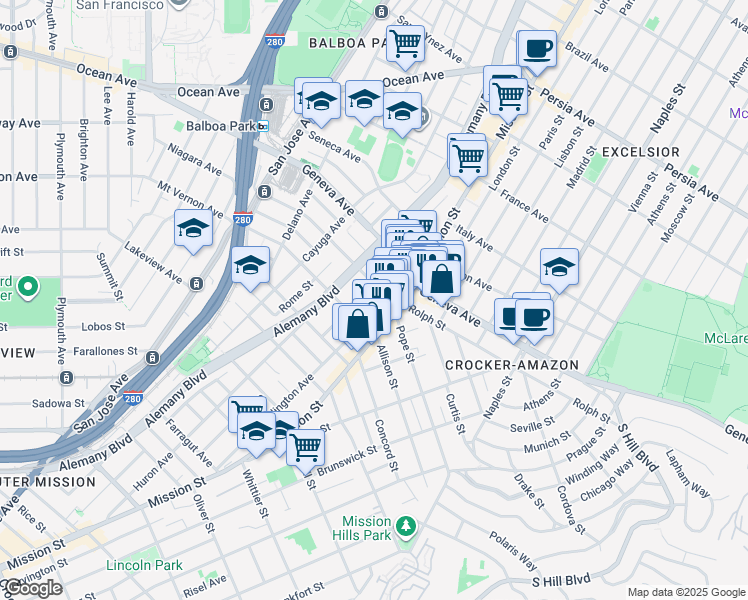 map of restaurants, bars, coffee shops, grocery stores, and more near 20 Niagara Avenue in San Francisco