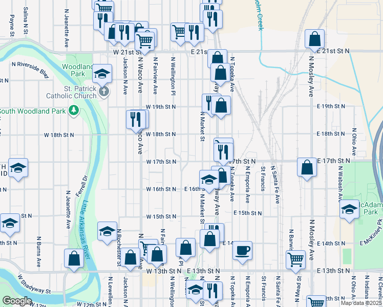 map of restaurants, bars, coffee shops, grocery stores, and more near 1818 North Park Place in Wichita