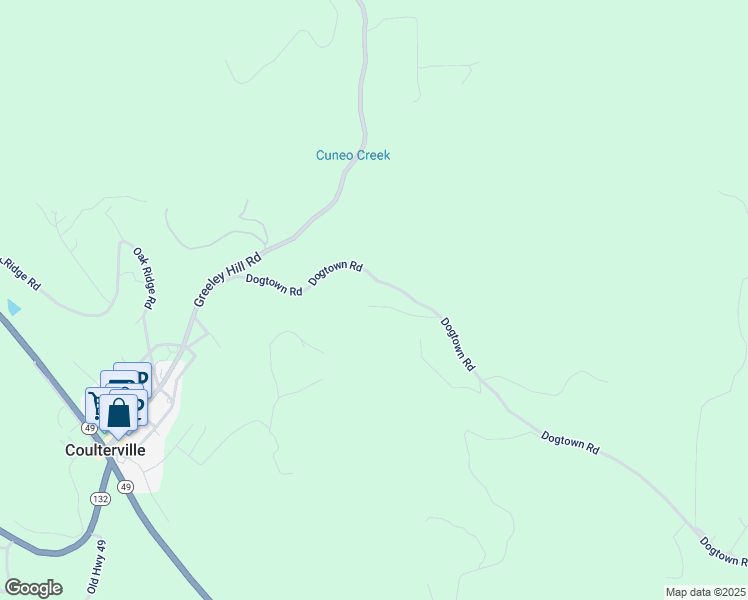 map of restaurants, bars, coffee shops, grocery stores, and more near 5222 Dogtown Road in Coulterville