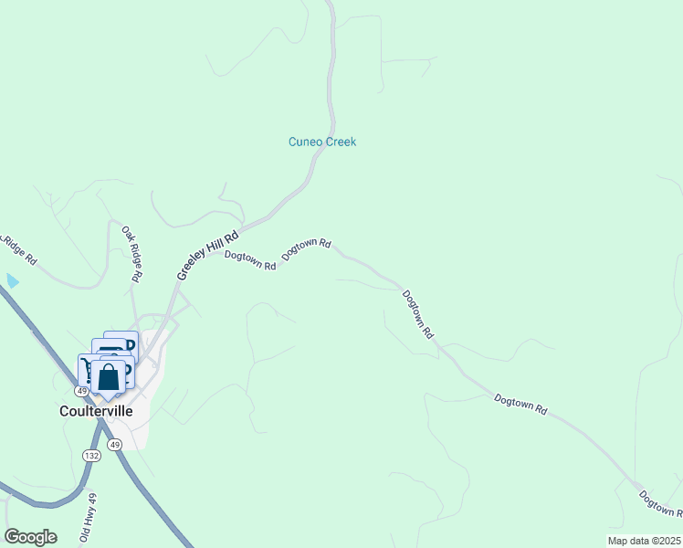 map of restaurants, bars, coffee shops, grocery stores, and more near 5222 Dogtown Road in Coulterville