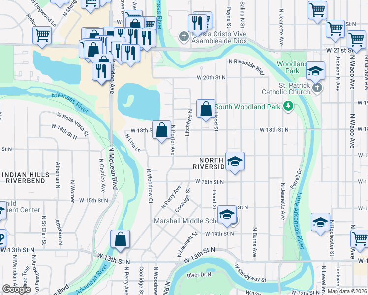 map of restaurants, bars, coffee shops, grocery stores, and more near 1826 Litchfield North in Wichita