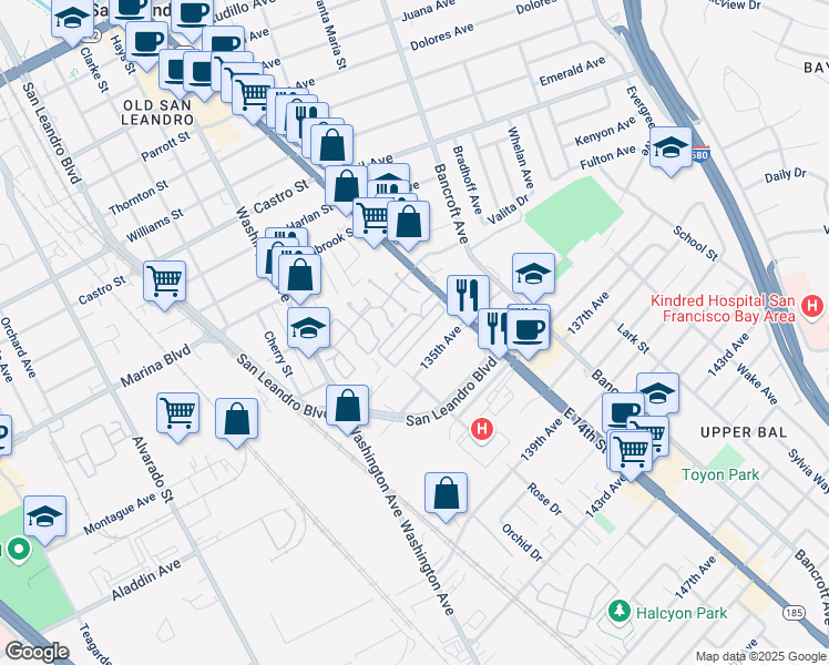 map of restaurants, bars, coffee shops, grocery stores, and more near 2399 East 14th Street in San Leandro