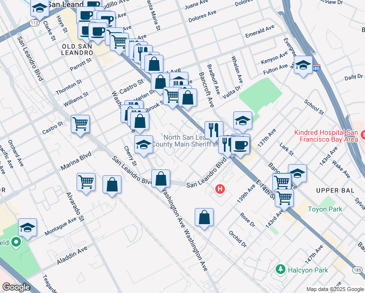map of restaurants, bars, coffee shops, grocery stores, and more near 2399 East 14th Street in San Leandro