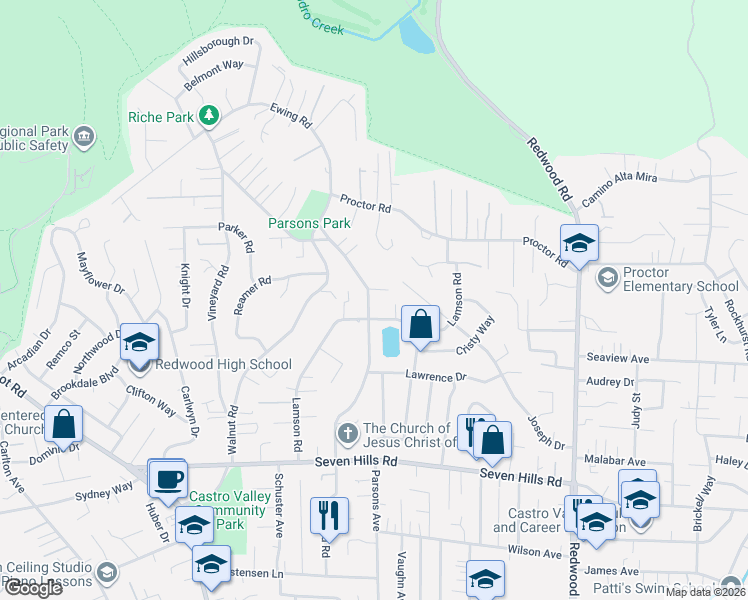 map of restaurants, bars, coffee shops, grocery stores, and more near 4445 Casa La Cresta in Castro Valley