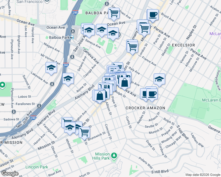 map of restaurants, bars, coffee shops, grocery stores, and more near 20 Niagara Avenue in San Francisco