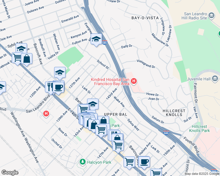 map of restaurants, bars, coffee shops, grocery stores, and more near 1723 142nd Avenue in San Leandro