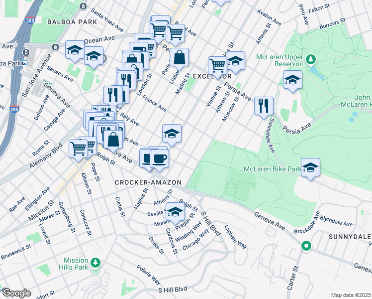 map of restaurants, bars, coffee shops, grocery stores, and more near 770 Athens Street in San Francisco