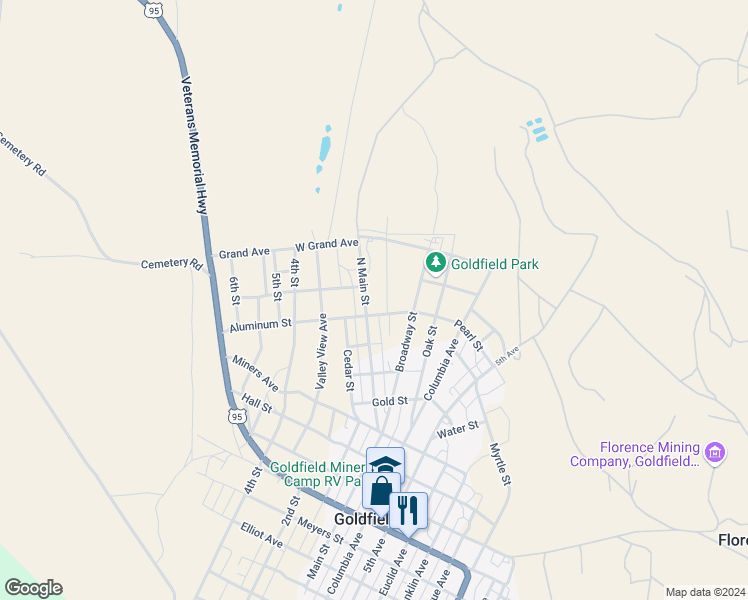 map of restaurants, bars, coffee shops, grocery stores, and more near 1000 North Main Street in Goldfield