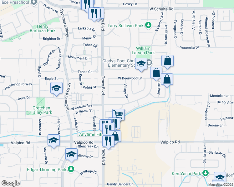 map of restaurants, bars, coffee shops, grocery stores, and more near 480 Amber Court in Tracy
