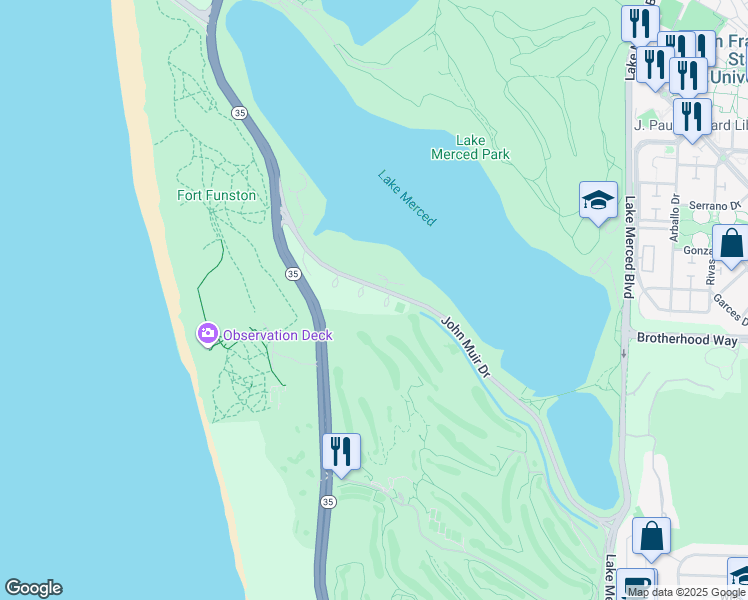 map of restaurants, bars, coffee shops, grocery stores, and more near 663 John Muir Drive in San Francisco