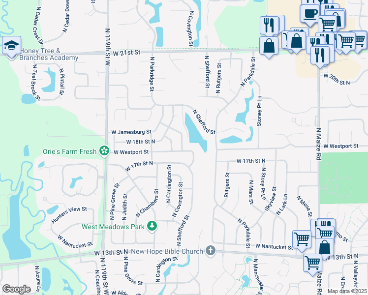 map of restaurants, bars, coffee shops, grocery stores, and more near 11320 West Westport Street in Wichita