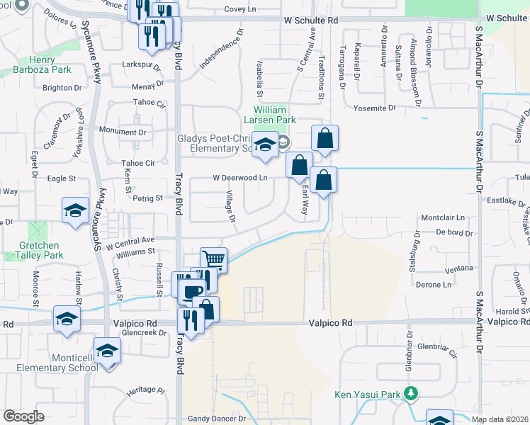 map of restaurants, bars, coffee shops, grocery stores, and more near 160 West Willow Creek Drive in Tracy