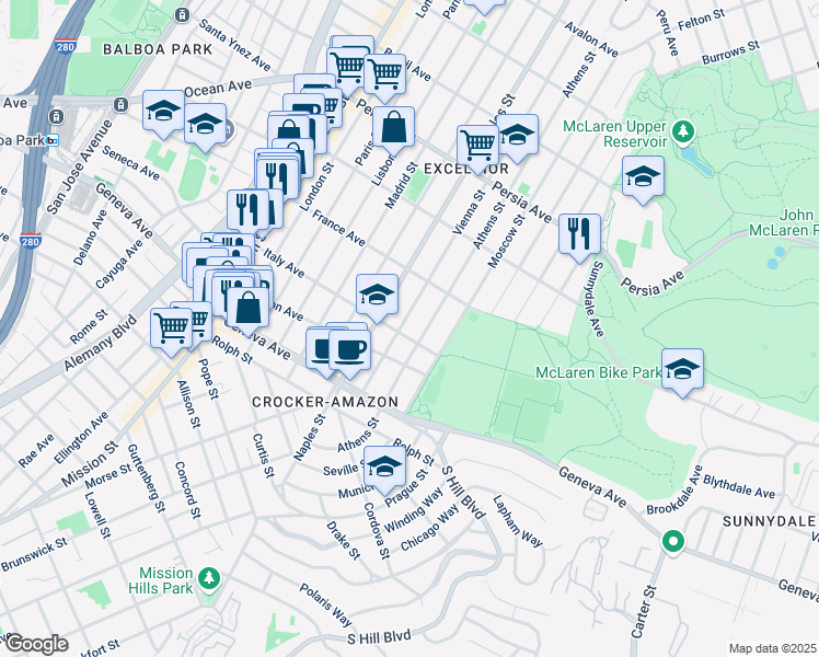 map of restaurants, bars, coffee shops, grocery stores, and more near 770 Athens Street in San Francisco