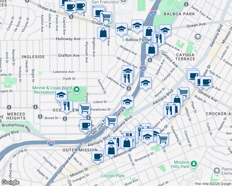 map of restaurants, bars, coffee shops, grocery stores, and more near 153 Majestic Avenue in San Francisco