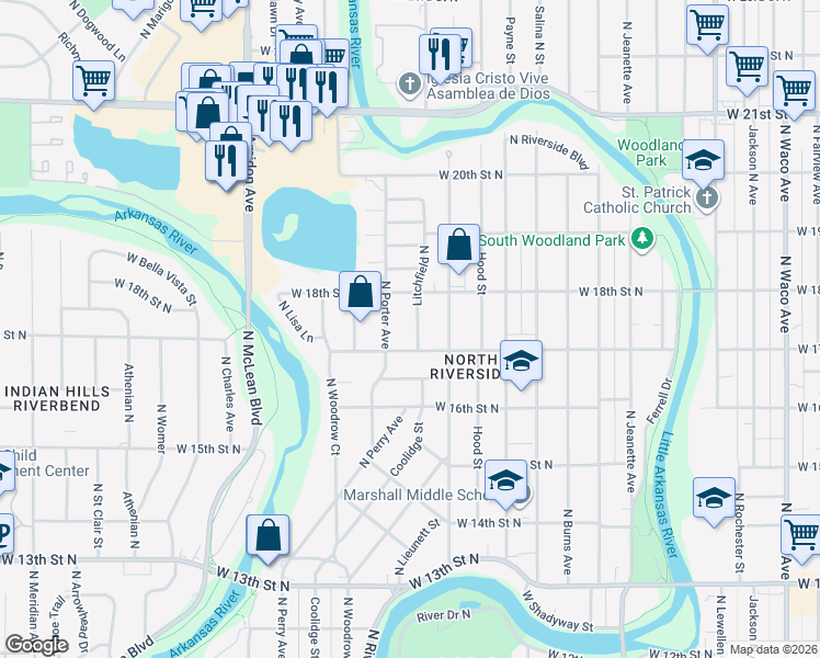 map of restaurants, bars, coffee shops, grocery stores, and more near 1826 Litchfield North in Wichita