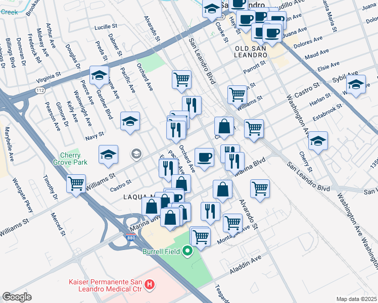 map of restaurants, bars, coffee shops, grocery stores, and more near 978 Castro Street in San Leandro