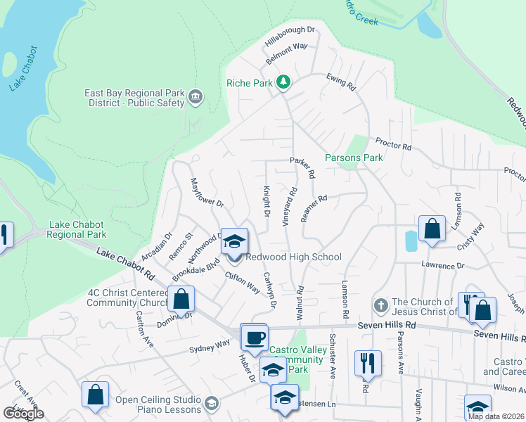map of restaurants, bars, coffee shops, grocery stores, and more near 17979 Knight Drive in Castro Valley