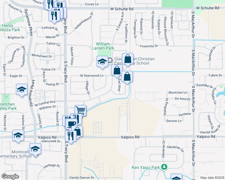 map of restaurants, bars, coffee shops, grocery stores, and more near 5 Silkwood Lane in Tracy