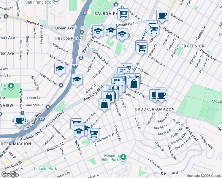 map of restaurants, bars, coffee shops, grocery stores, and more near 56 Del Monte Street in San Francisco