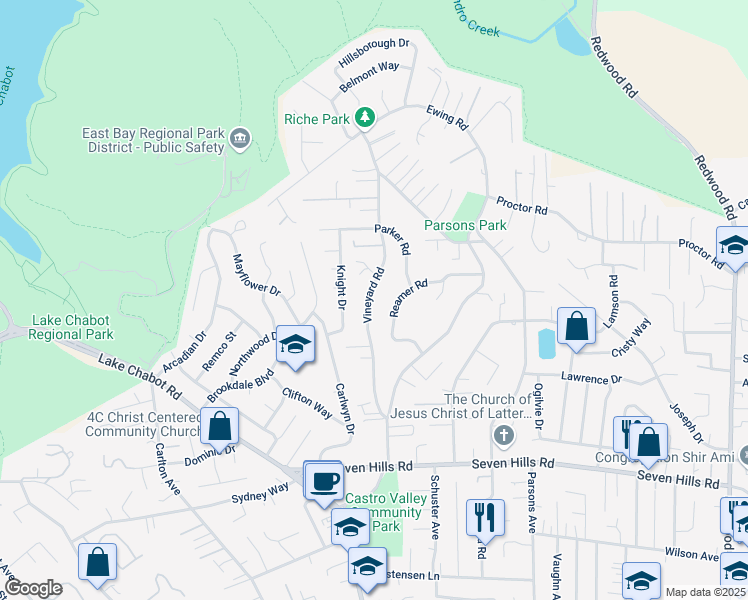 map of restaurants, bars, coffee shops, grocery stores, and more near 17964 Vineyard Road in Castro Valley